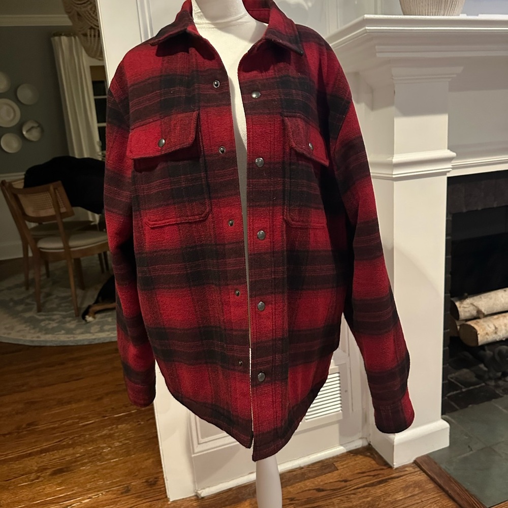 Men's Red and Black Plaid Sherpa Jacket